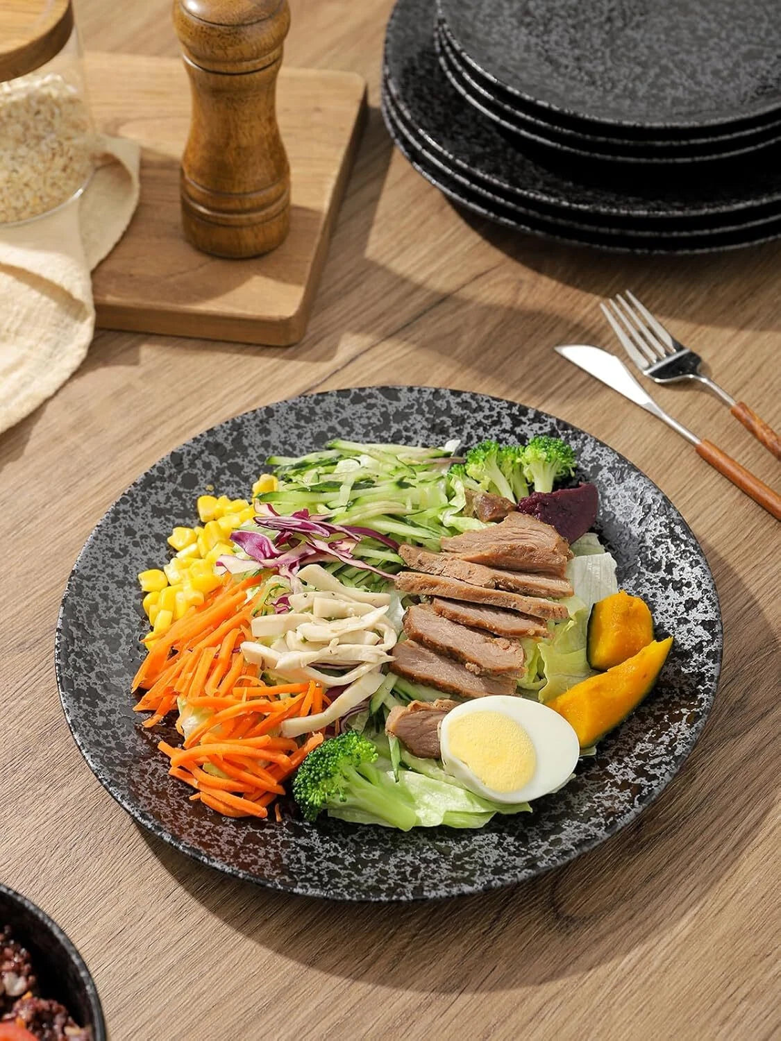 Ceramic Dinner Plates - Set of 6, 10-inch, Round Dinner Plates, Black Glaze 07FC0E-D4 - KOEEK
