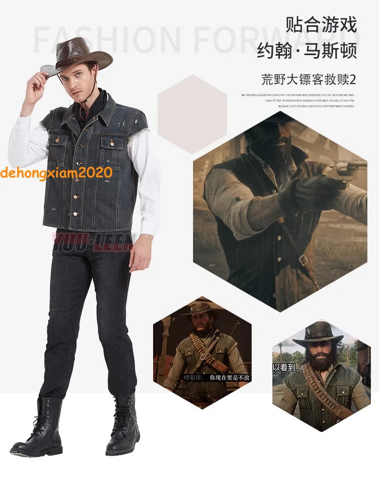 John Marston Denim Vest Cosplay Costume Men's Vest Short Sleeves RDR2 Outfit 07FC0E-D4 - KOEEK