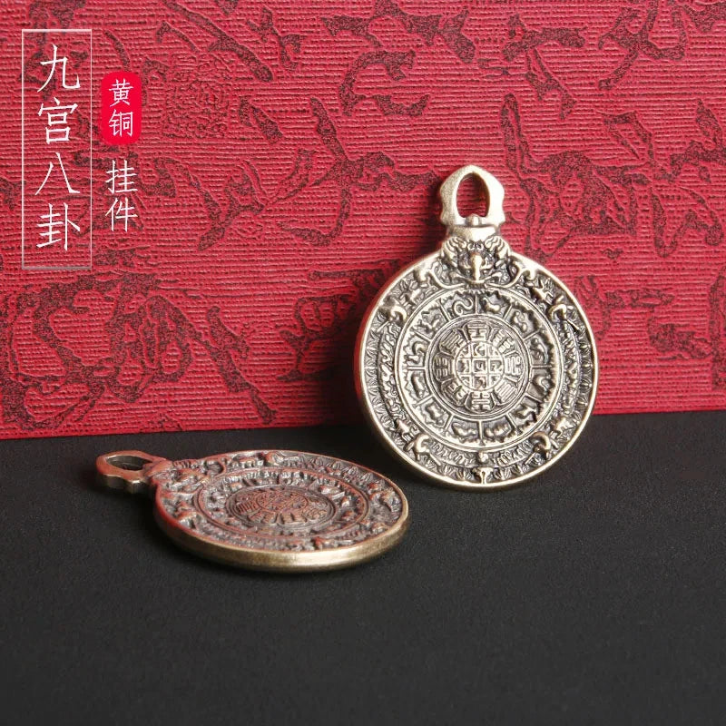 Retro Copper Nine Palaces Bagua Board Amulet Feng Shui Auspicious Pendant 07FC0E-D4 - KOEEK