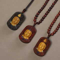 Sandalwood Handmade Carve Guanyin Bodhisattva Card Pendant Necklace Accessories 07FC0E-D4 - KOEEK