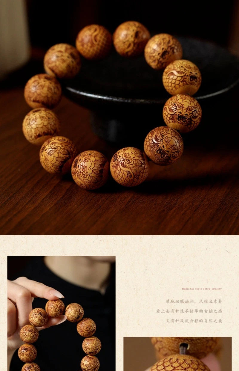 Sandalwood Dragon Carved Beads Bracelet 20mm Wood Prayer Bead Bangle Gift 07FC0E-D4 - KOEEK