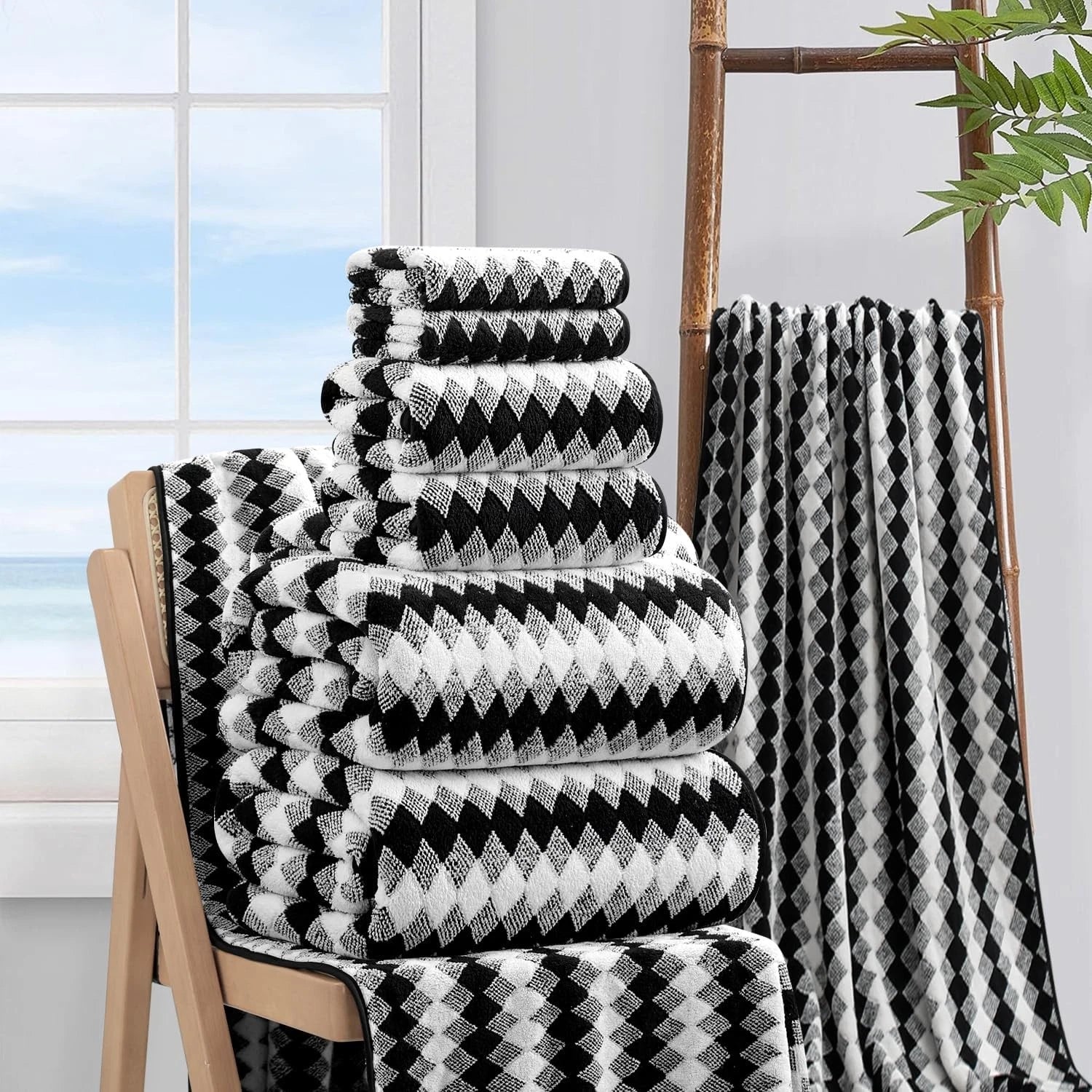 8-piece bathroom towel set (black and white) | 2 extra-large bath towels 07FC0E-D4 - KOEEK