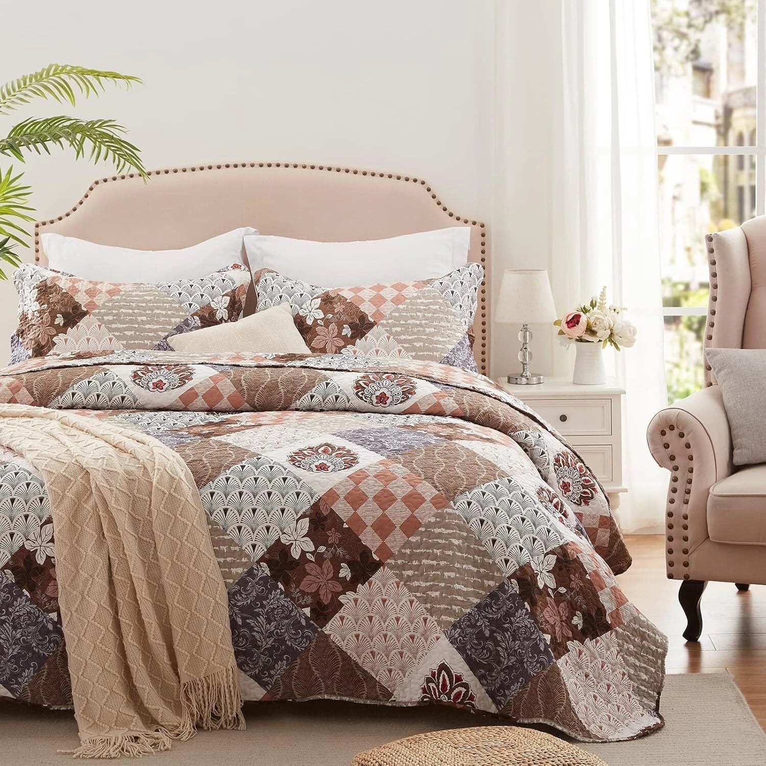 Full/Queen Size Quilt Set 3 Pieces Lightweight Reversible Bedspread-90''x98'' 07FC0E-D4 - KOEEK