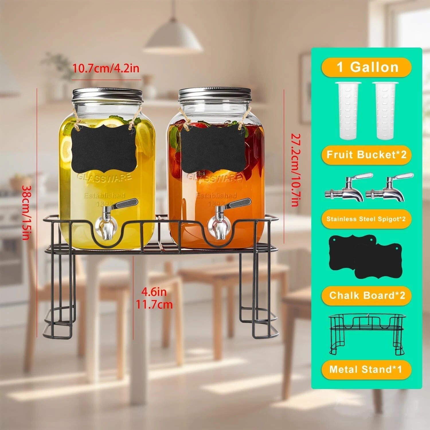 1 Gallon Glass Drink Dispenser with Stand,2 Pack Glass Beverage Dispenser 07FC0E-D4 - KOEEK