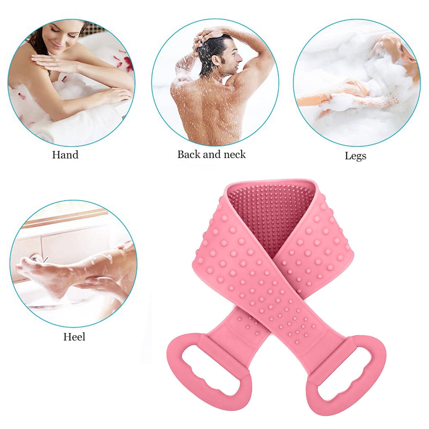 Silicone Bath Towel Rub Body Brush Shower Pull Back Strip Scrubber Exfoliating