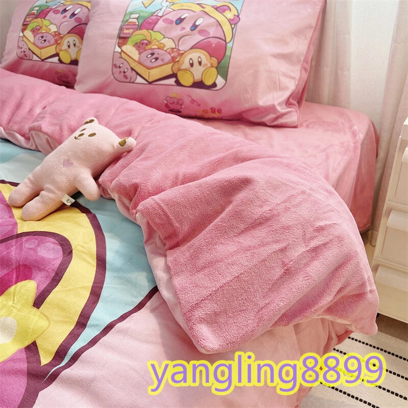 Anime Kirby Velvet Bed Sheet Pillowcase Quilt Cover Double Queen Bedding Set 4pc 07FC0E-D4 - KOEEK