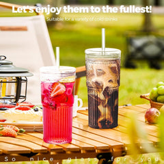 new 2PCS Glass Cups with Lids and Straws, 20OZ Iced Coffee 2pcs, Clear 07FC0E-D4 - KOEEK