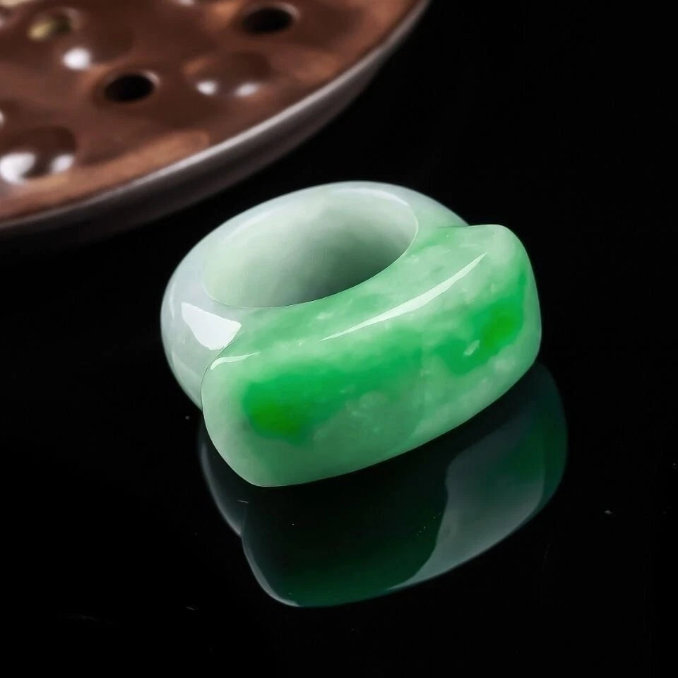 Natural Green Hetian Jade Saddle Ring Chinese Jadeite Amulet Fashion Charm 07FC0E-D4 - KOEEK