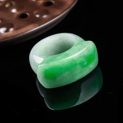 Natural Green Hetian Jade Saddle Ring Chinese Jadeite Amulet Fashion Charm 07FC0E-D4 - KOEEK