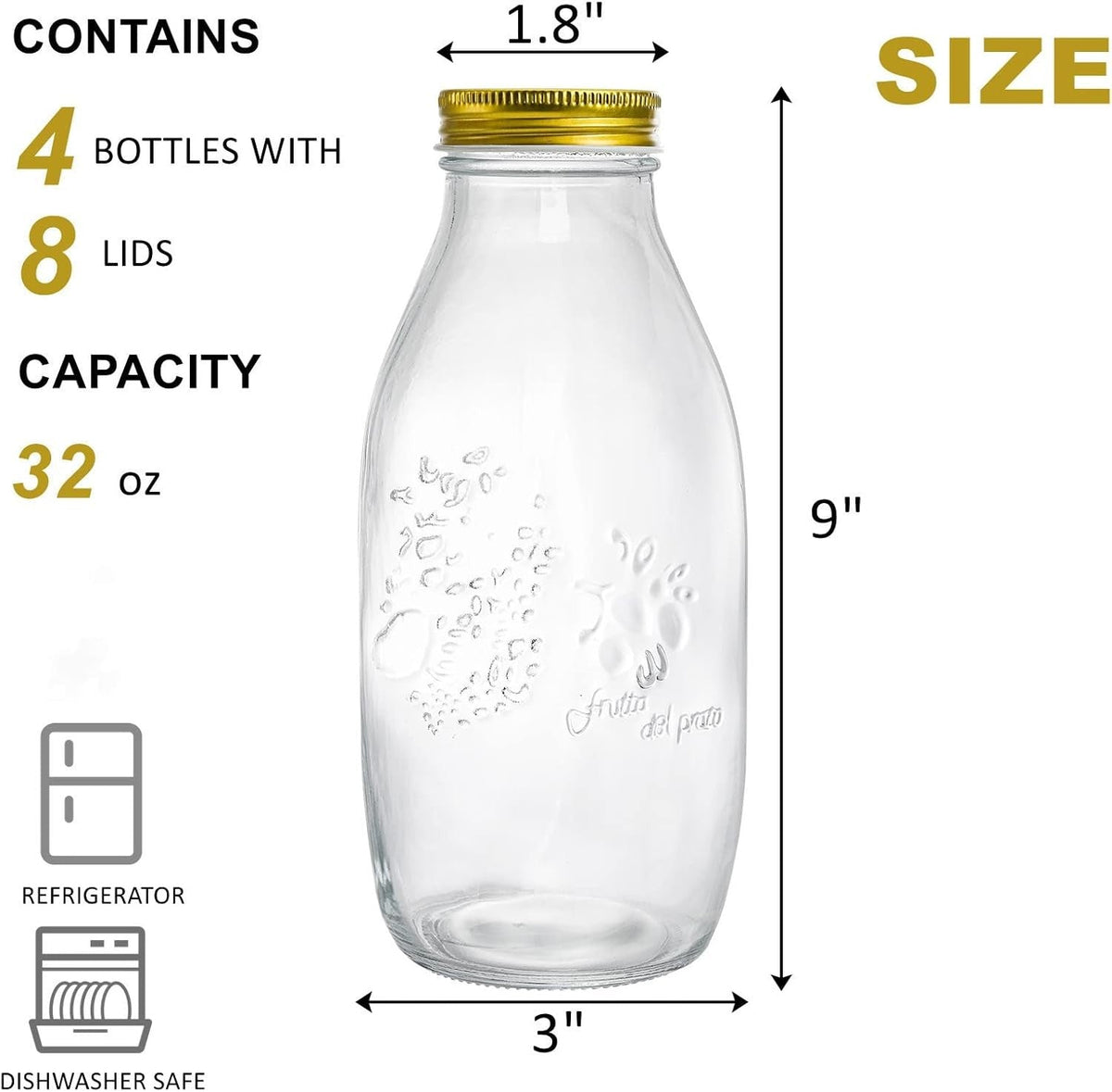 new ZOOFOX 4 Pack 32 oz Glass Milk Bottle with Lids, Vintage Clear,Gold ZOOFOX - KOEEK