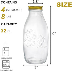 new ZOOFOX 4 Pack 32 oz Glass Milk Bottle with Lids, Vintage Clear,Gold ZOOFOX - KOEEK