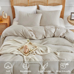 Microfiber Woven Duvet Cover King Size, Khaki Textured Duvet Cover Set 07FC0E-D4 - KOEEK