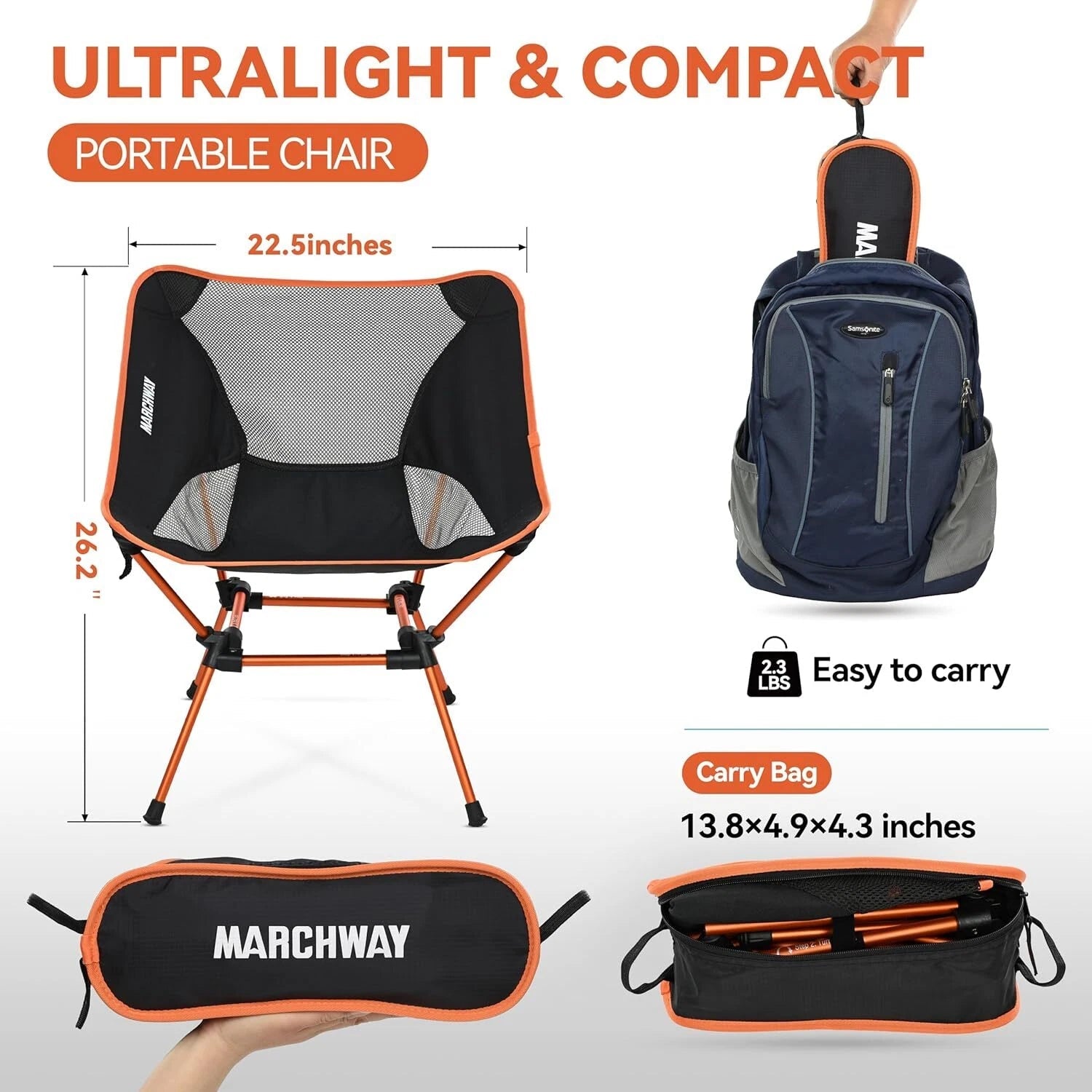 Ultralight Folding Camping Chair, Heavy Duty Portable Compact, (Orange) 07FC0E-D4 - KOEEK