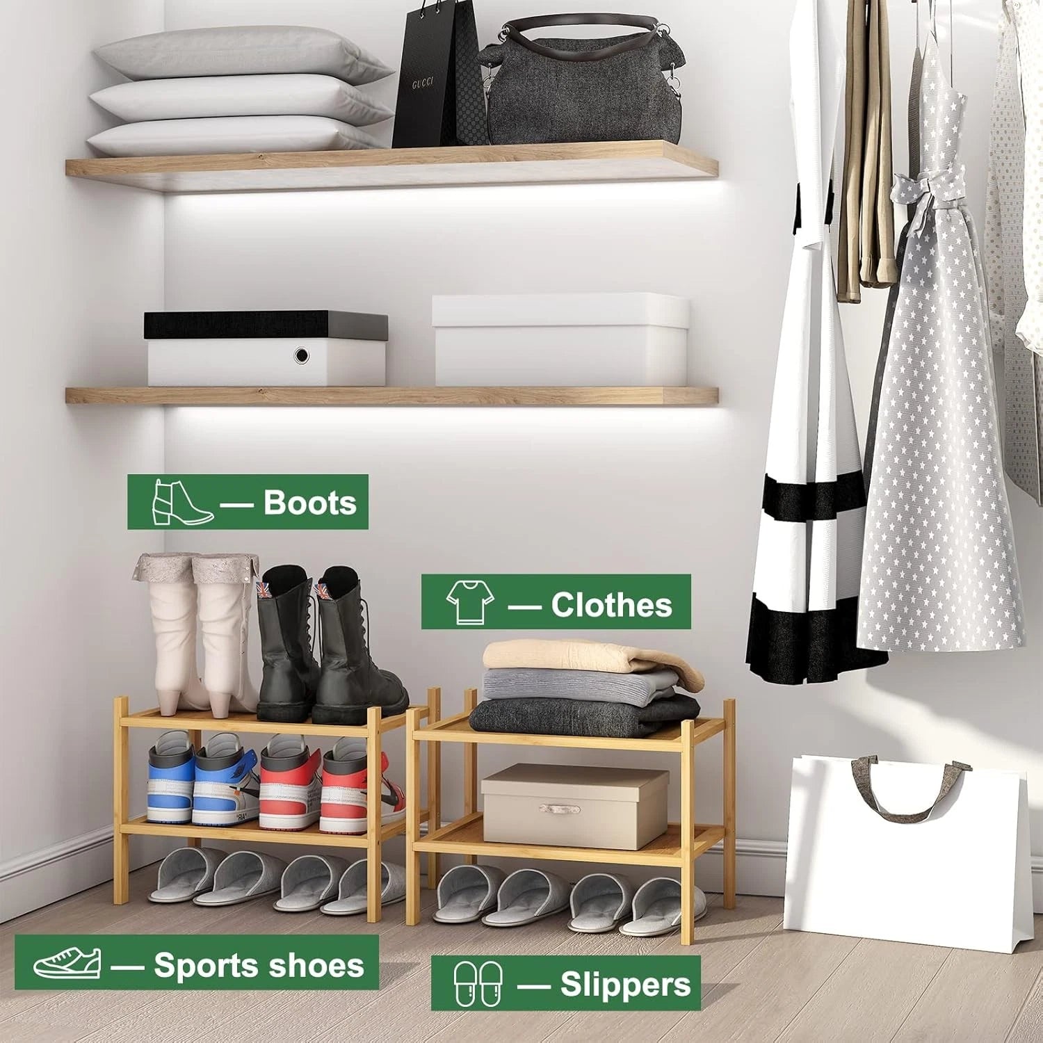 Small shoe rack, two-tier bamboo and wood shoe rack 07FC0E-D4 - KOEEK