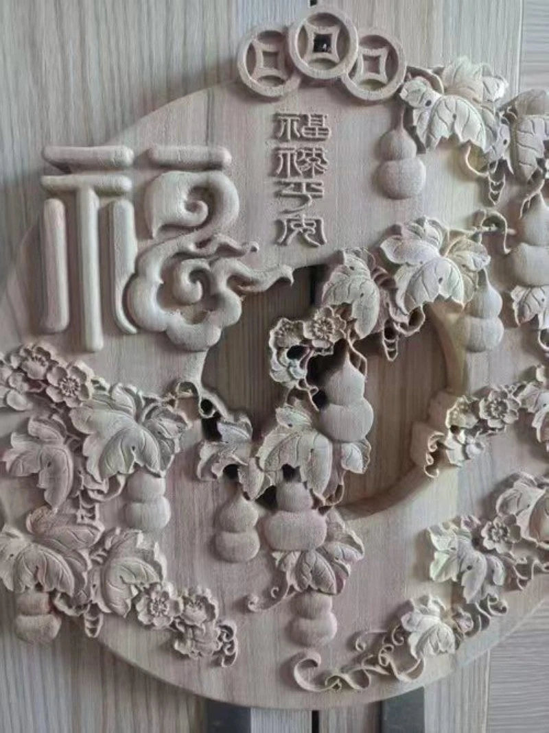 Dongyang Fu Lu Peace Wood Carving Wall Hanging Round 27cm Home Decor 07FC0E-D4 - KOEEK