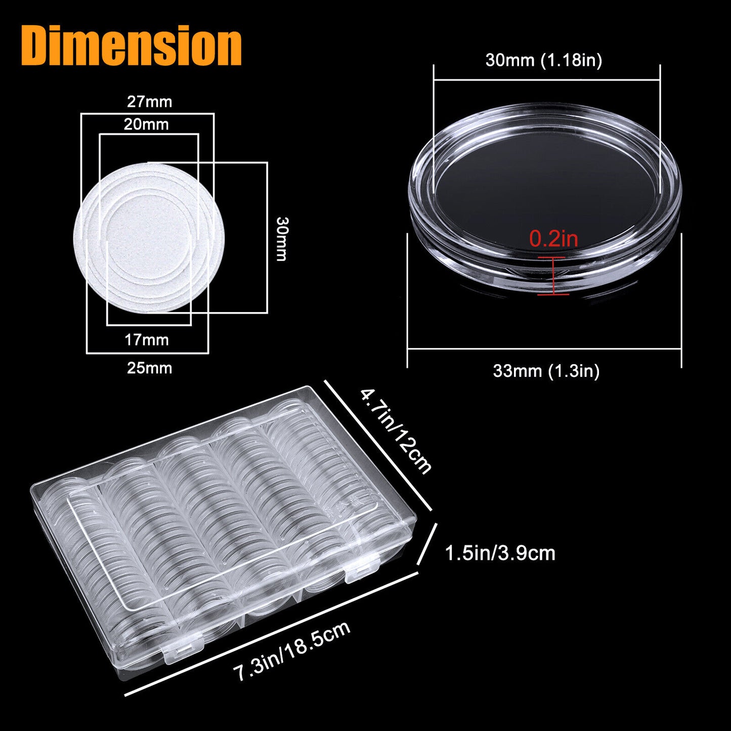 100pcs 30mm Coin Capsules Holder Clear Round Storage Box Container 5 Sizes Pads