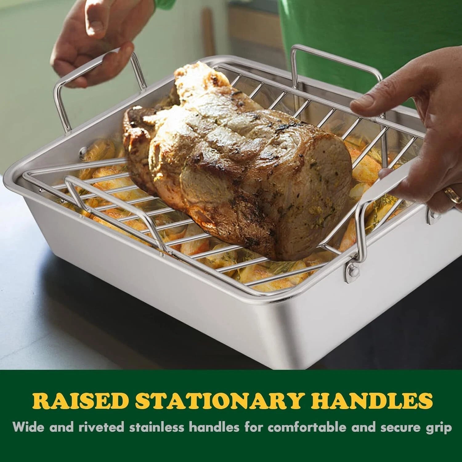 Roasting pan, 16 x 11.5-inch stainless steel turkey roasting pan (with rack) 07FC0E-D4 - KOEEK