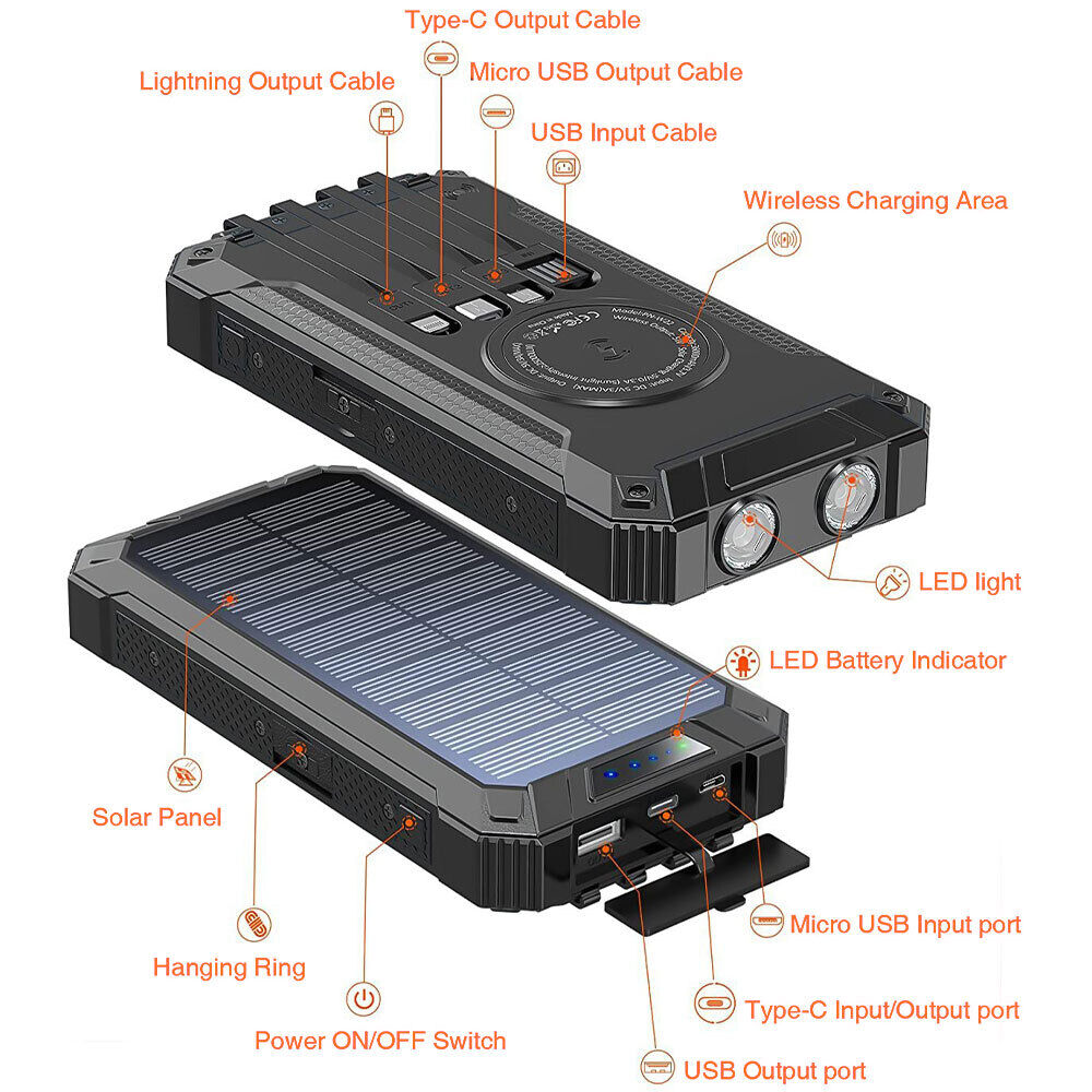 ny 36000mAh Solar Power Bank trådløs 15W lader innebygd 4 kabler Hurtiglading