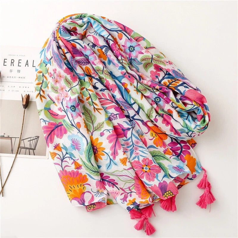 Womens Garden Floral Shawl Tassel Colorful Beach Vacation Pashmina Wrap Scarf 07FC0E-D4 - KOEEK