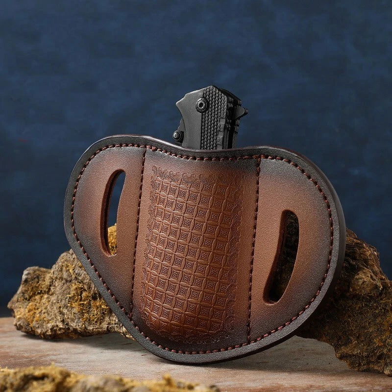 EDC Carved Cow Hand Made Leather Sheath for Folding Knife Belt Clip Cover Pouch 07FC0E-D4 - KOEEK