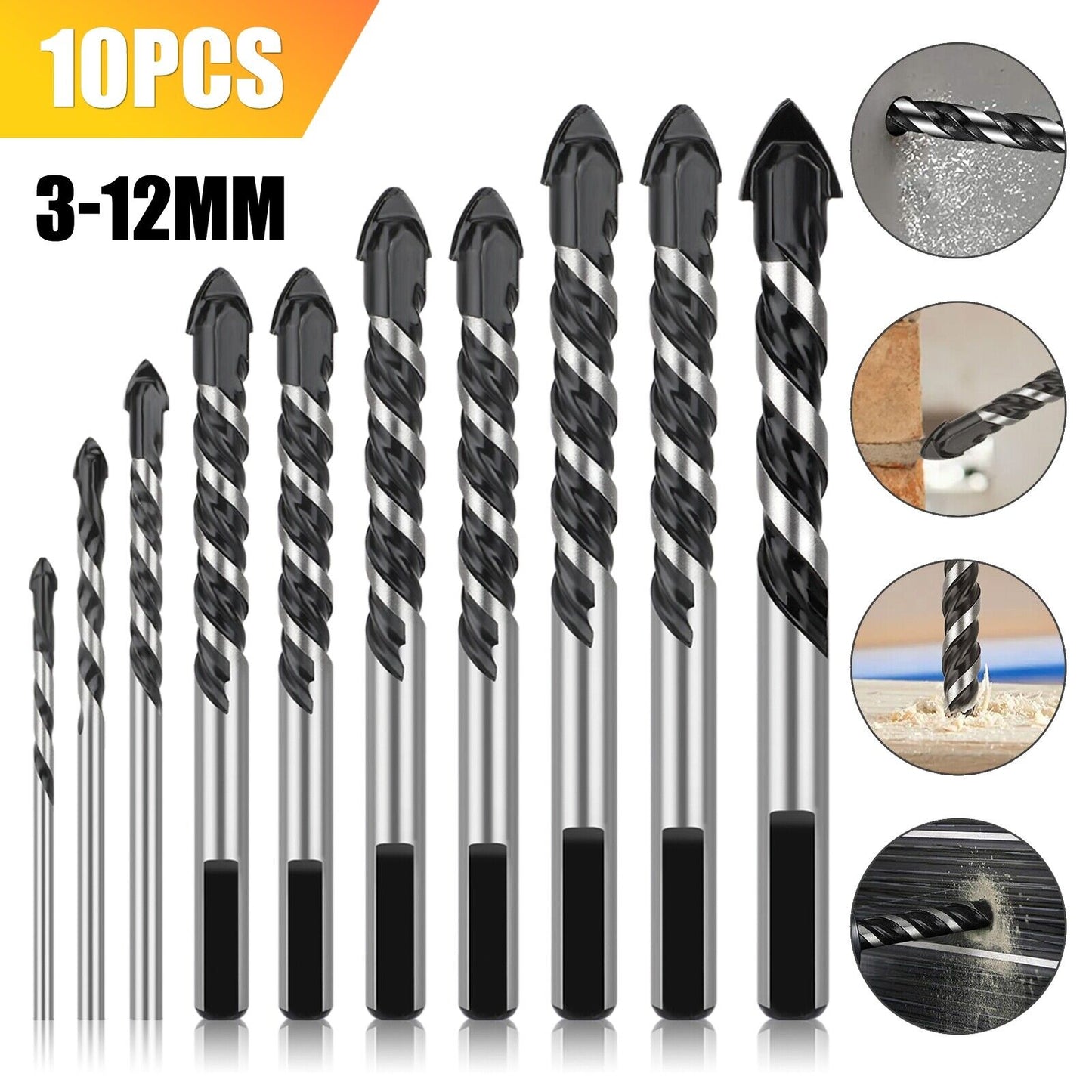 10Pcs Masonry Drill Bits Set for Concrete Ceramic Glass Woodworking Tile 3-12mm koeek - KOEEK