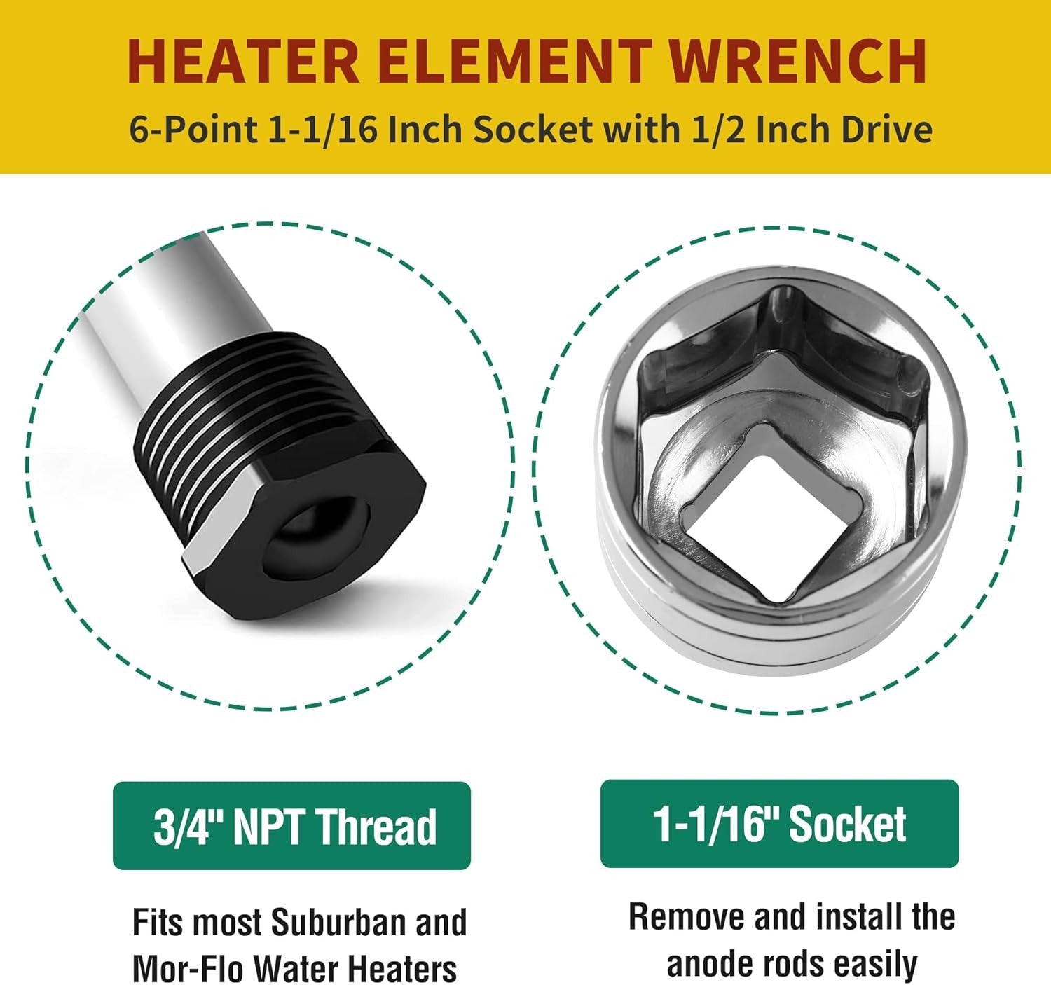new 1-1/16 Inch RV Water Heater Element Socket Wrench for NPT Thread Silver 07FC0E-D4 - KOEEK