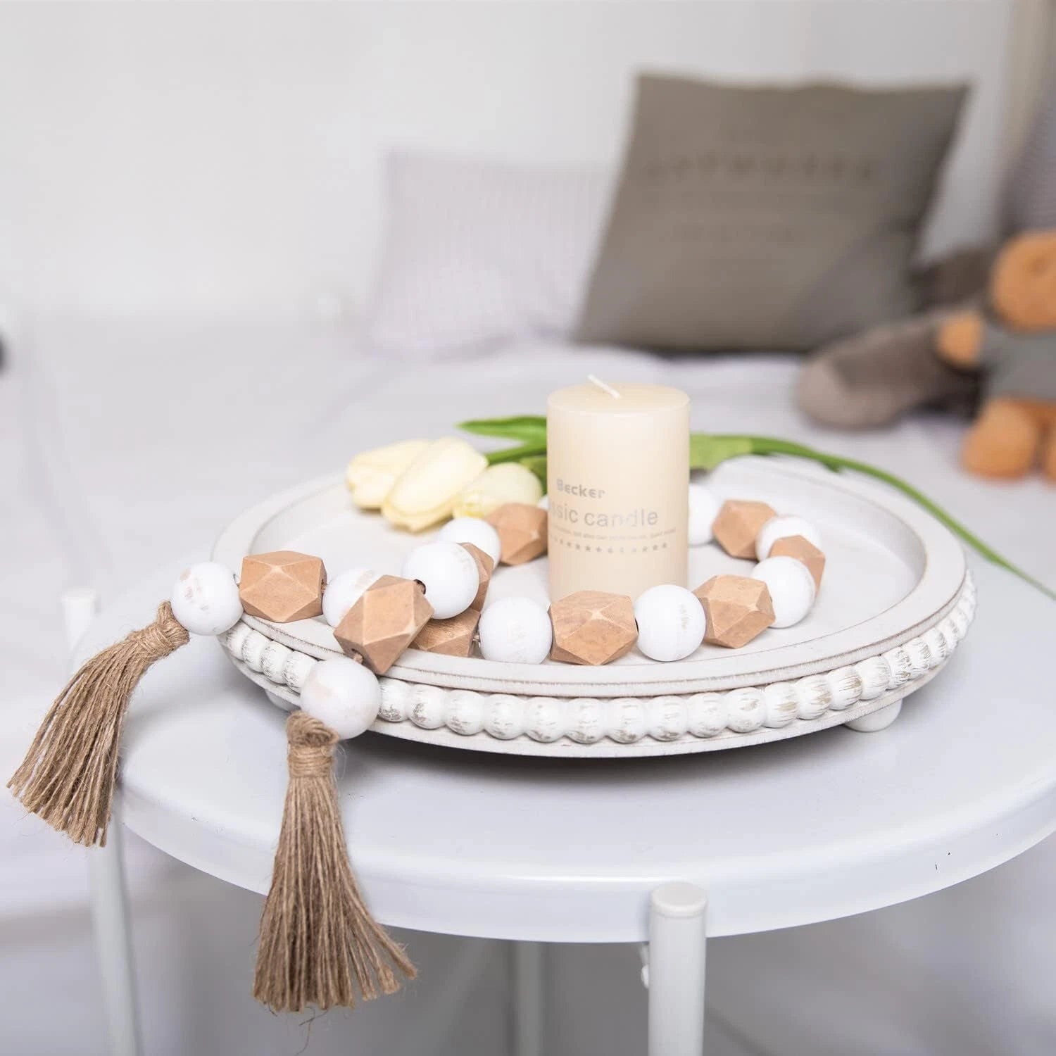 12in Round Wood Beaded Tray -White, Distressed,Farmhouse Rustic -Decorative Tray 07FC0E-D4 - KOEEK