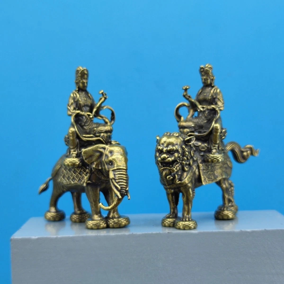 A Pair 2.3"Brass Manjusri Samantabhadra Bodhisattva Buddhism Statue Ornament 07FC0E-D4 - KOEEK