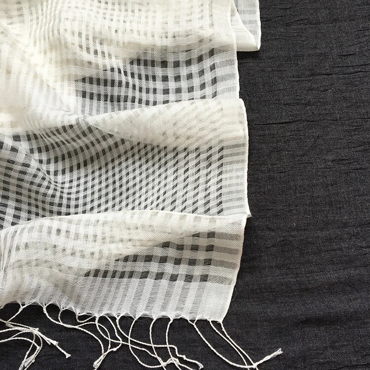 Womens Plaid Tasseled White Wool Silk Scarf Breathable Veil Shawl Scarves Stole 07FC0E-D4 - KOEEK