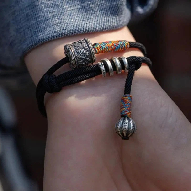 Tibetan Silver Hand-woven Six-character Mantra Bracelet Amulet Bangle Jewelry 07FC0E-D4 - KOEEK