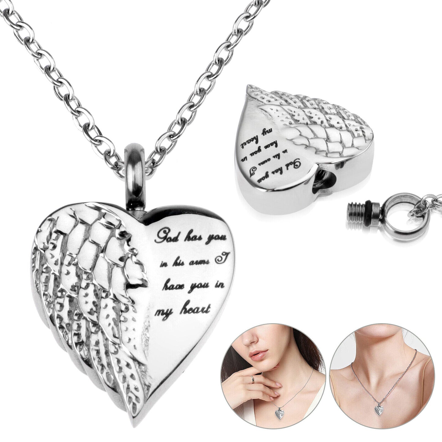 Silver Cremation Heart Urn Necklace Keepsake Ash Holder Memorial Jewelry Pendant