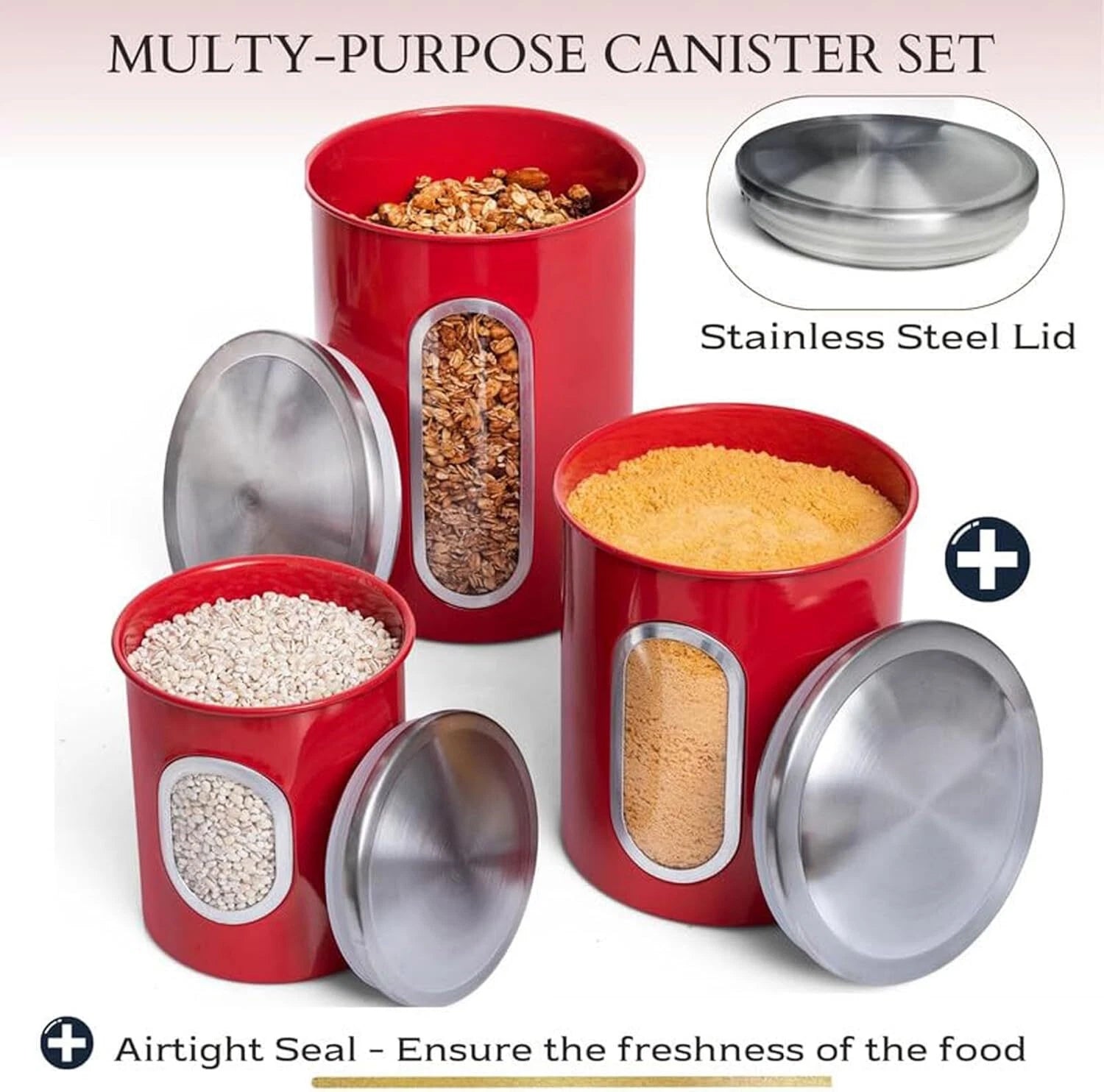 3 Piece Red Canisters Sets For The Kitchen, Kitchen Jars With See Through Window 07FC0E-D4 - KOEEK