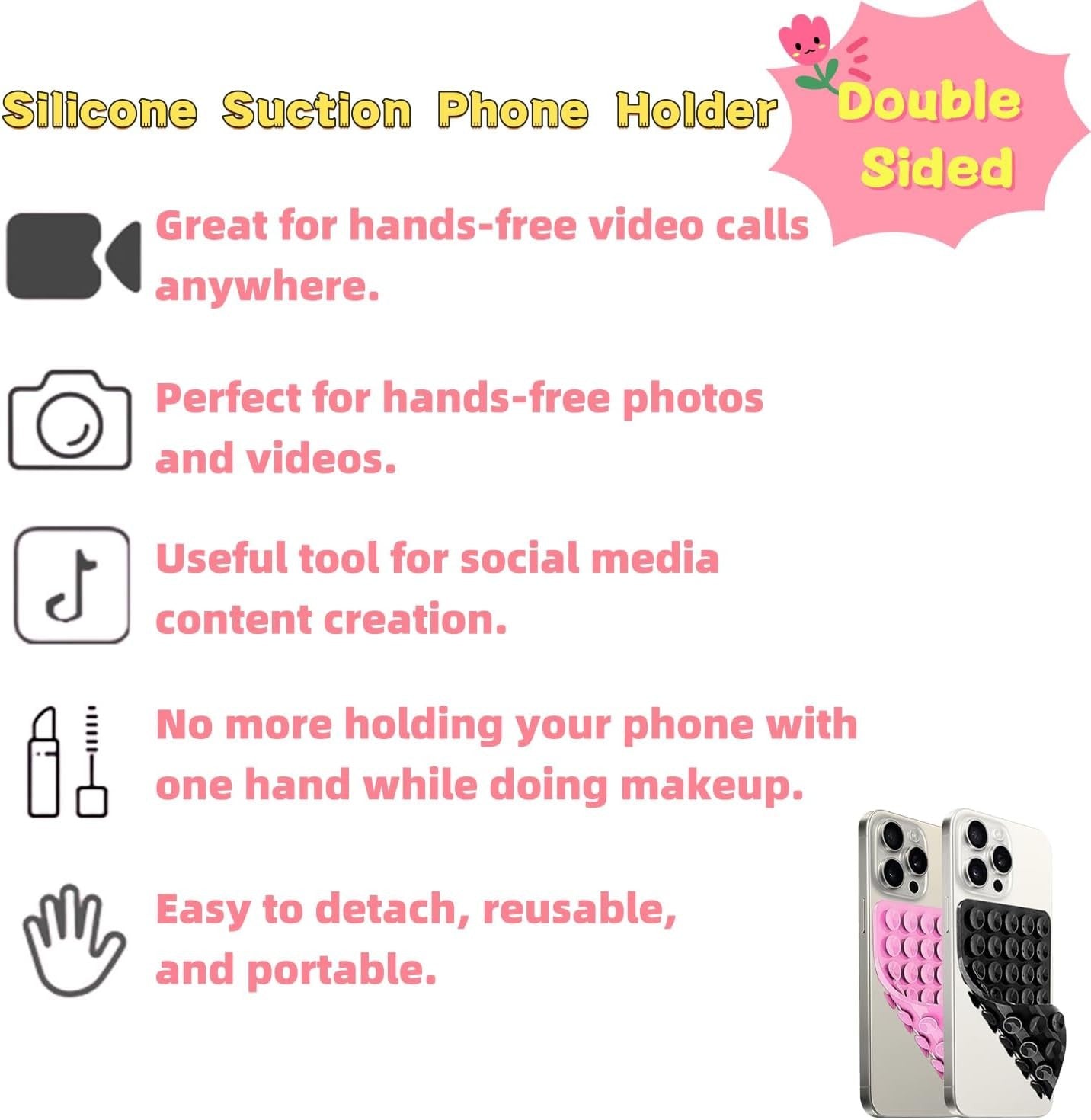 new 2-Pack Double-Sided Suction Phone Grip, Octo Cup Buddy Pink-black 07FC0E-D4 - KOEEK
