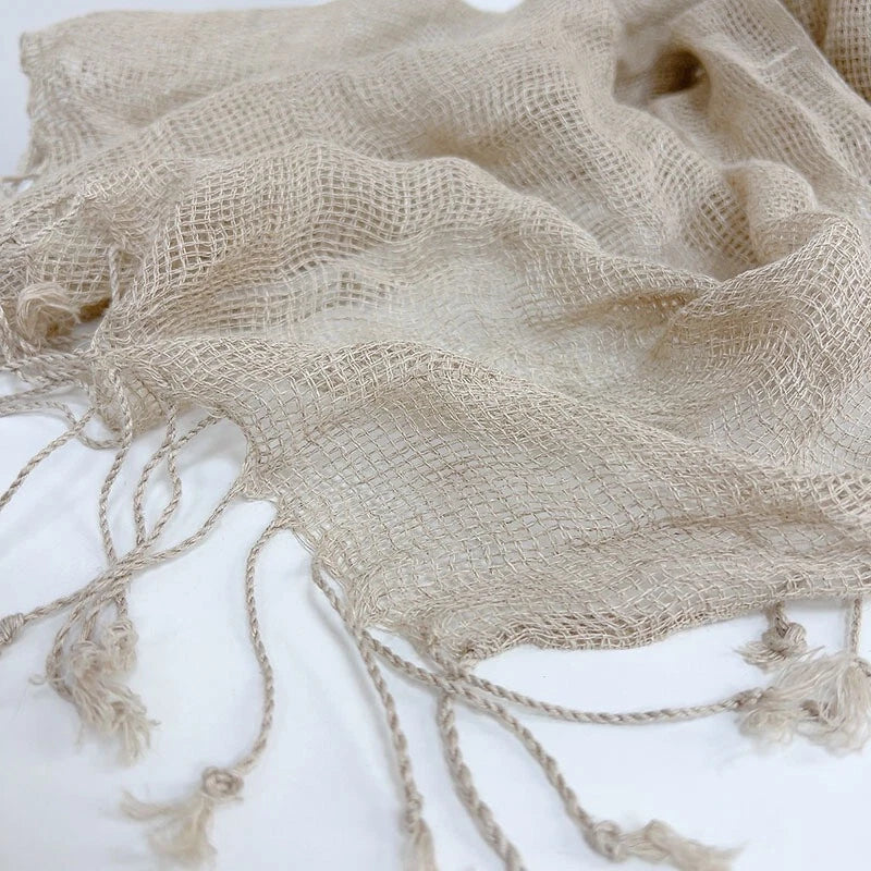 Mens  Flax Linen Natural Beige Scarf Breathable Tasseled Neckerchief Shawl 07FC0E-D4 - KOEEK