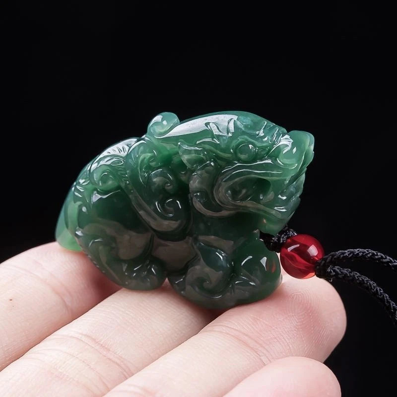 Natural Jadeite Blue Water Flying Qilin Pendant Icy Jade Wealth Mens Necklace 07FC0E-D4 - KOEEK