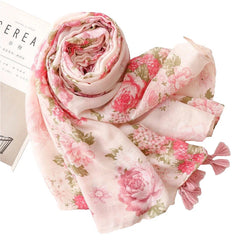 Womens Pink Floral Shawl Tassel Romantic Soft Flower Print Pashmina Wrap Scarf 07FC0E-D4 - KOEEK