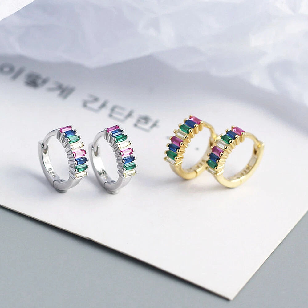 SMALL Sterling Silver Baguette CZ Zirconia Boho Huggie Hoop Earrings 07FC0E-D4 - KOEEK