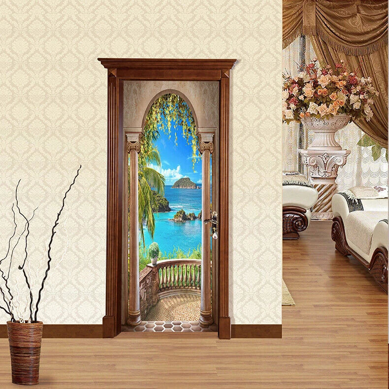 3D Arch Terrace Seascape Self Adhesive Mural Wall Bedroom Door Sticker Decor 07FC0E-D4 - KOEEK