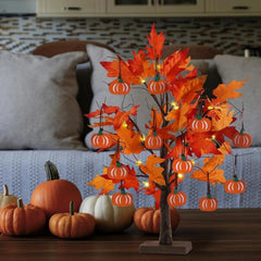 24”2FT Lighted Maple Leaves Tree with 24 LEDs & 12 Wood Pumpkin Ornaments 07FC0E-D4 - KOEEK