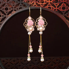 1Pair Chinese Ethnic Long Earrings Pink Flower Tassels Hanfu Accessories Jewelry 07FC0E-D4 - KOEEK
