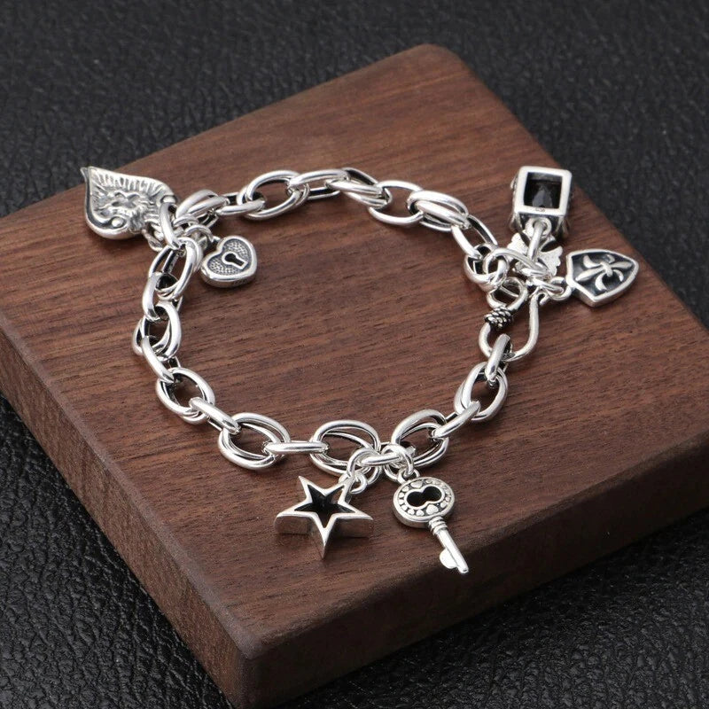 925 Sterling Silver Thick Chain Pendant Charm Bracelet Retro Unique Party Bangle 07FC0E-D4 - KOEEK
