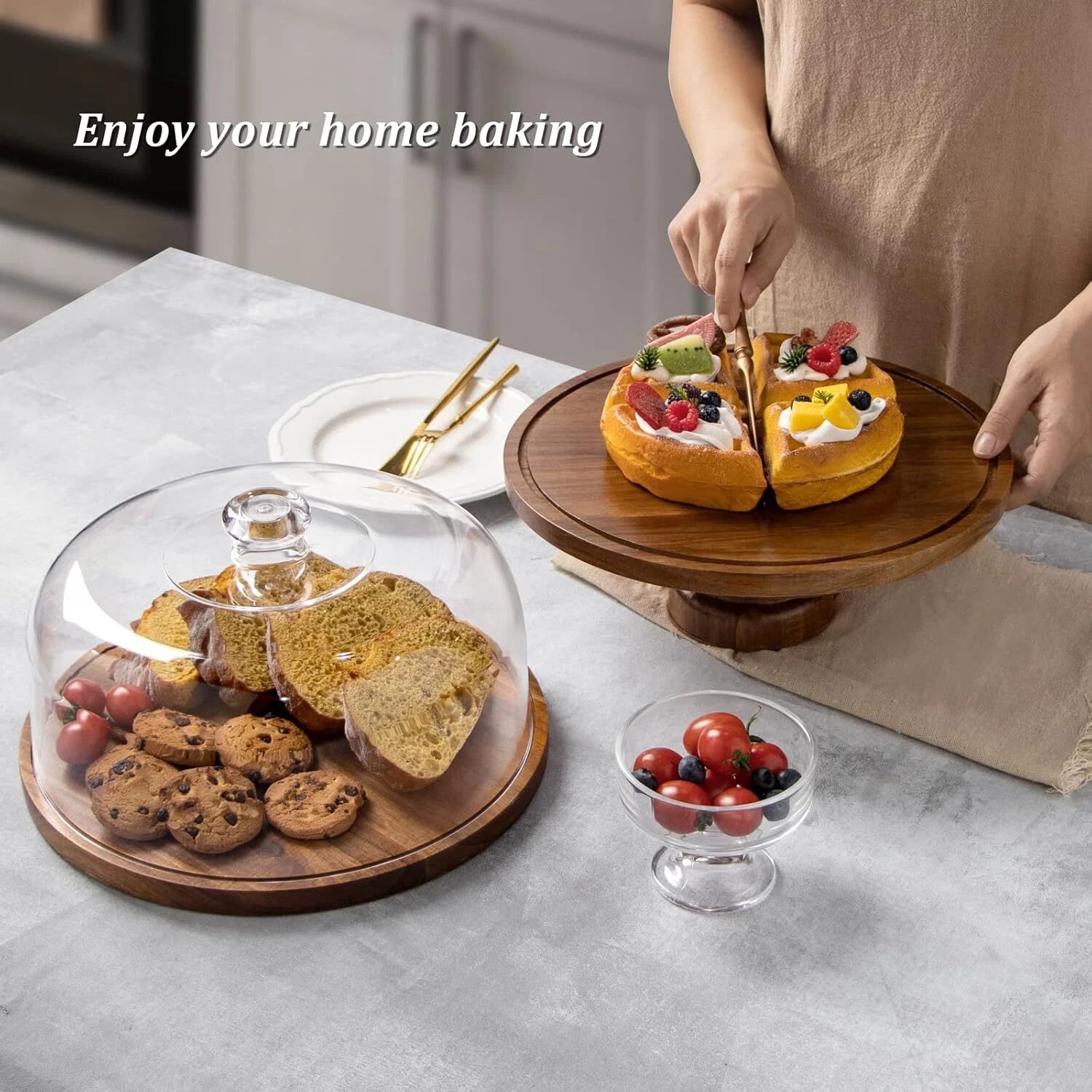Cake Stand with Dome Lid, Acacia Wood Cake Plate with Cover, Wooden Cake 07FC0E-D4 - KOEEK