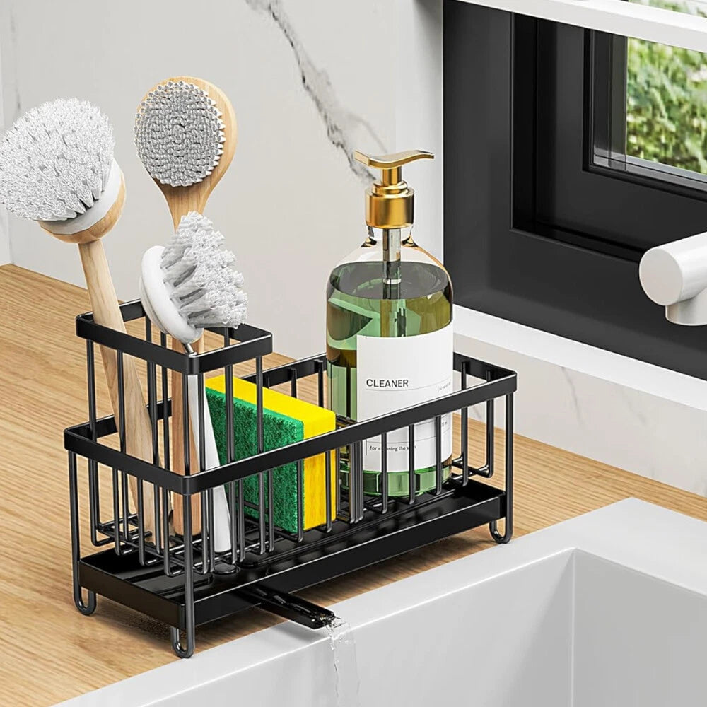 Black Sponge Holder for Kitchen Sink,Sink Caddy Organizer with High Brush Holder 07FC0E-D4 - KOEEK