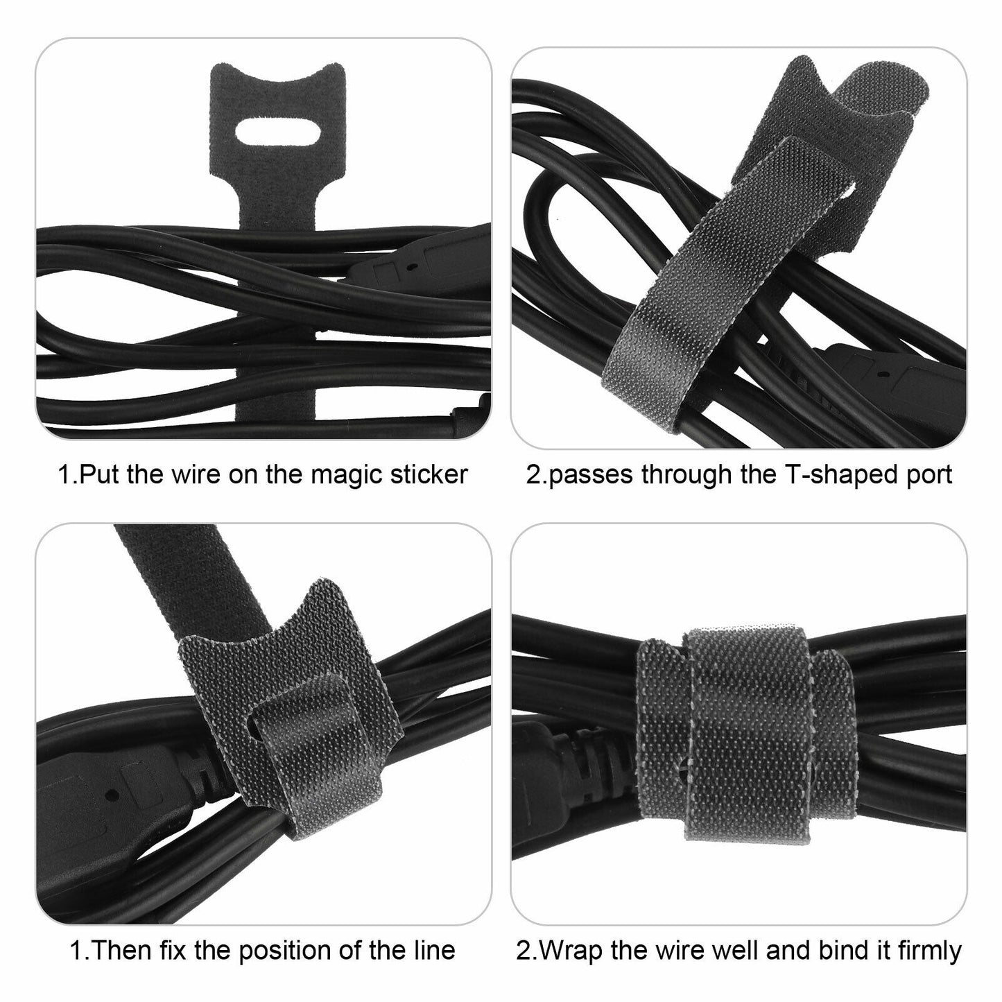 100Pcs Cable Straps Black Wire Cord Hook Loop Ties Reusable Fastening Organizer