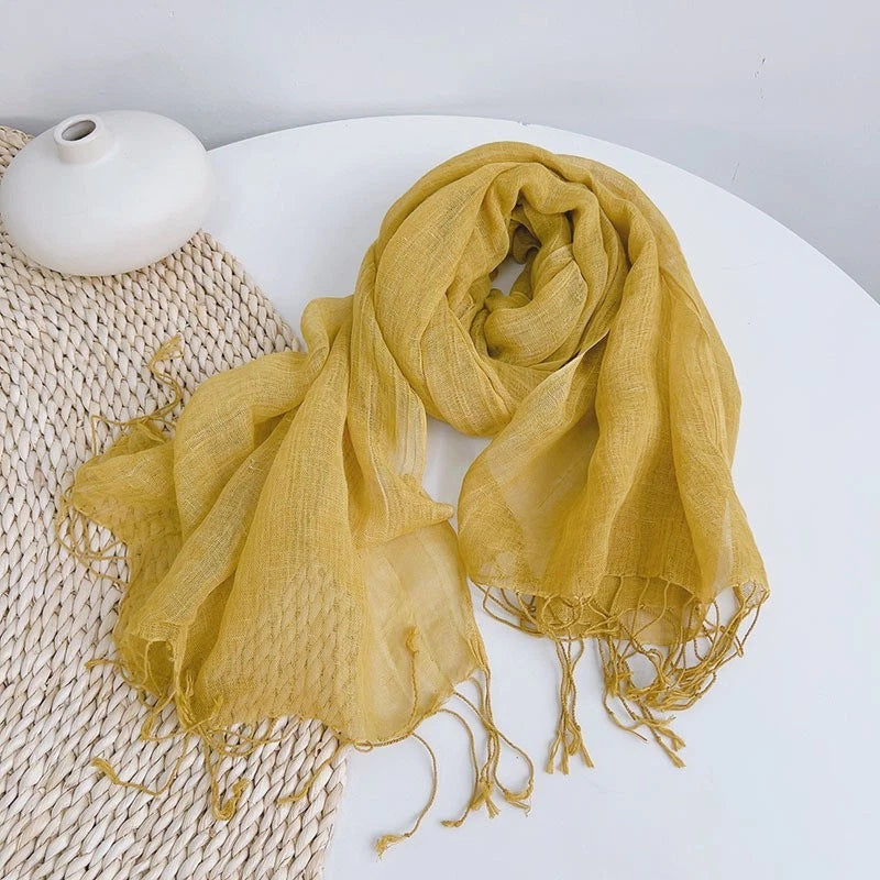 Womens Soft  Linen Cotton Scarf Solid Color Tassel Yellow Neckerchief Shawl 07FC0E-D4 - KOEEK