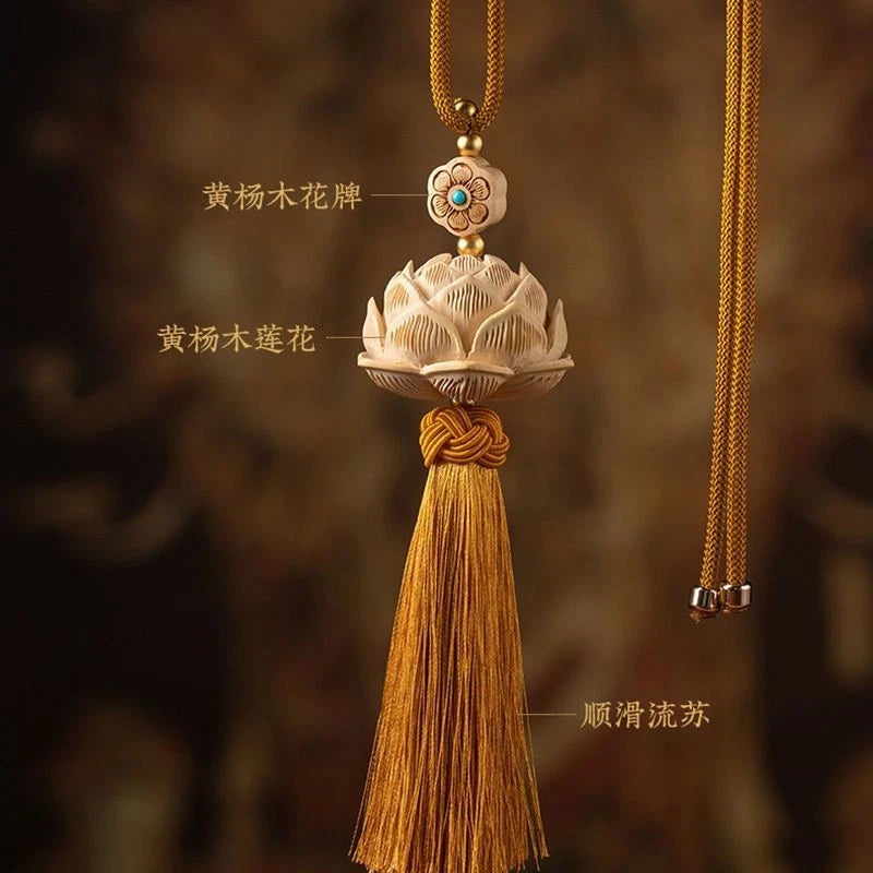 Boxwood Lotus Rearview Mirror Hanging Ornament Tassel Car Charm Unisex 07FC0E-D4 - KOEEK