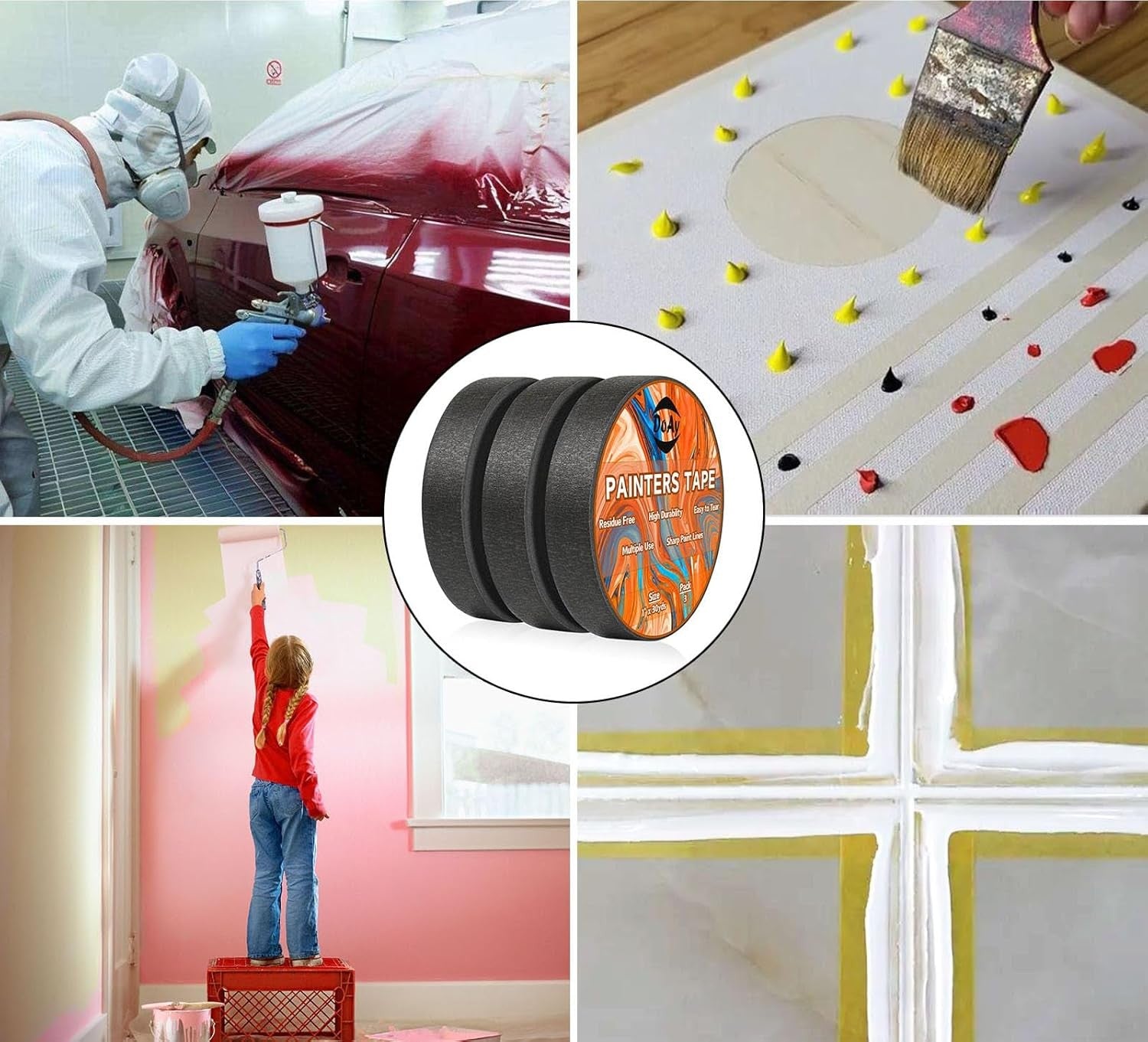new 4 Pack Black Painters Tape - Masking 1 inch Wide - Multi-Surface, 07FC0E-D4 - KOEEK