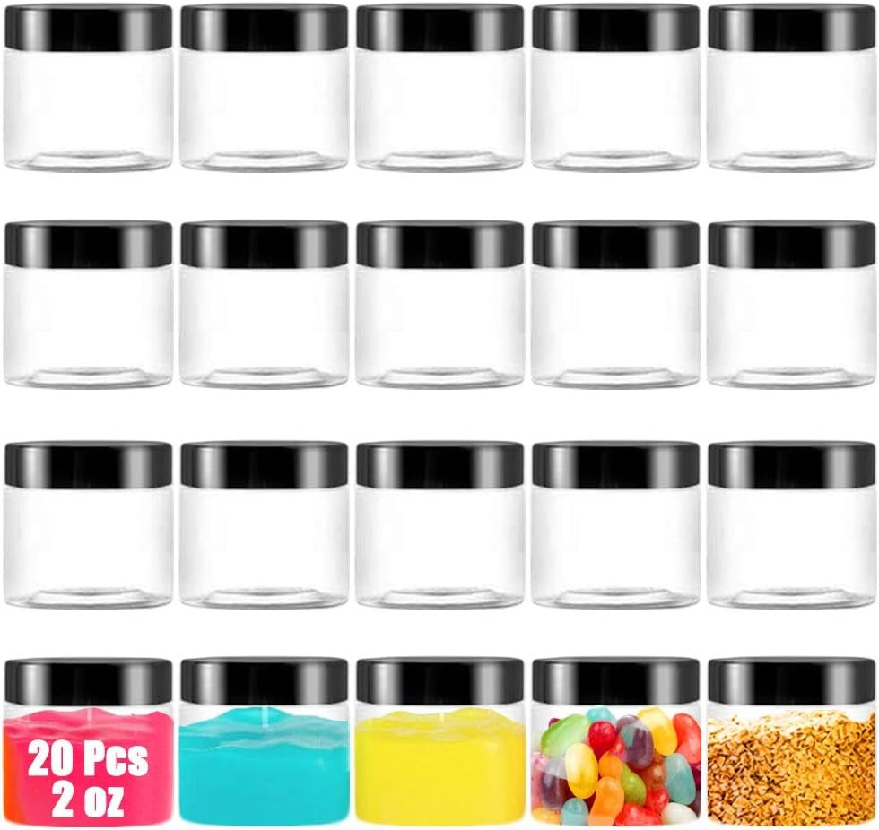 new 20 Pack 2 oz Clear Plastic Round Slime Containers,Empty 2 Ounces, Black Lids 07FC0E-D4 - KOEEK