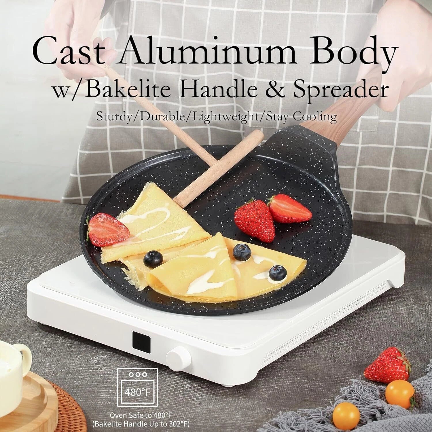 9.5 Inch Crepe Pan with Spreader,Nonstick Ceramic Flat Skillet Dosa Tawa Comales 07FC0E-D4 - KOEEK