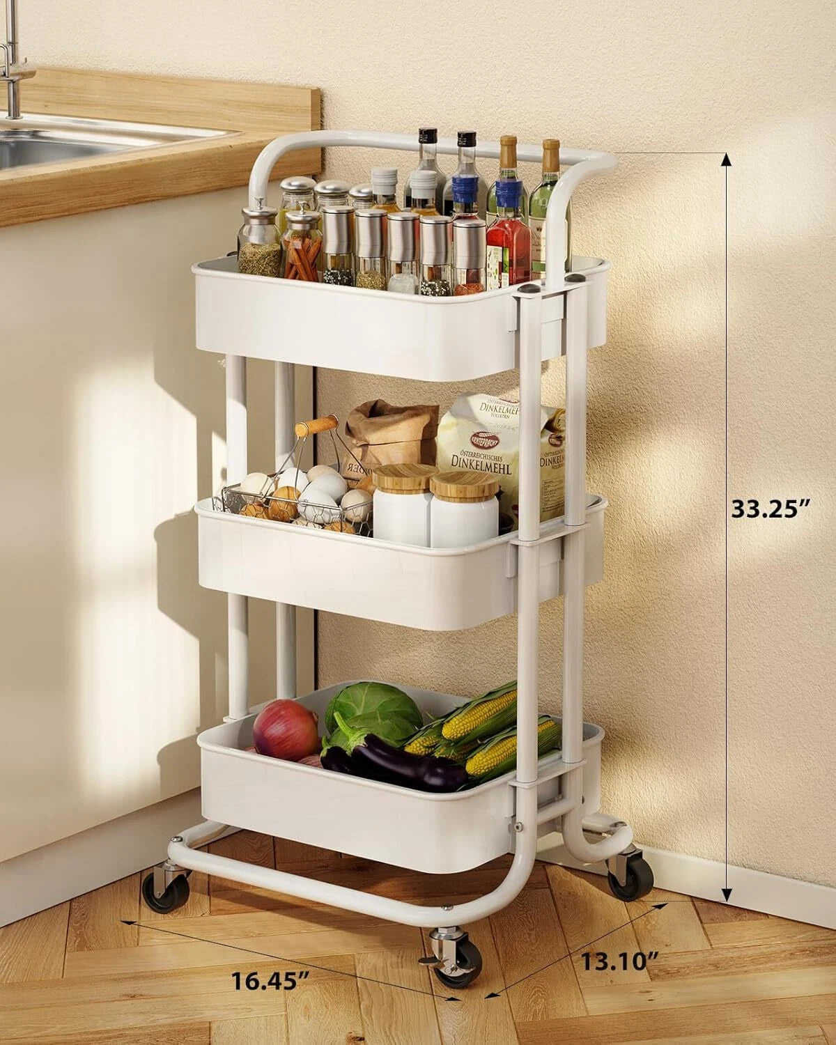 3-Tier Mesh Utility Cart, Rolling Metal Organizer,Multi-Functional Storage Shelf 07FC0E-D4 - KOEEK